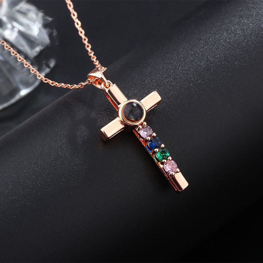 Colorful Diamond Cross Projection In Languages, I Love You Necklace