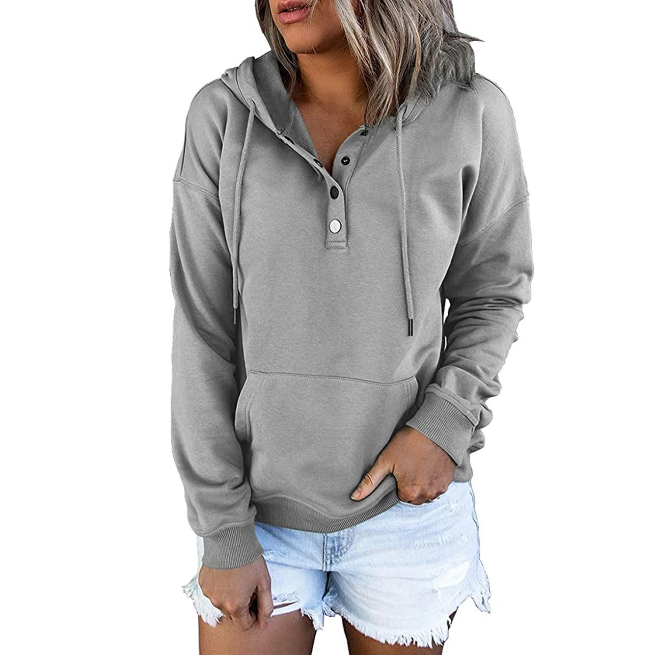 Long-sleeved Hooded Sweatshirt With Pockets Fashion Casual Button Drawstring Design Hoodie Top Spring And Autumn Sports Clothing For Women