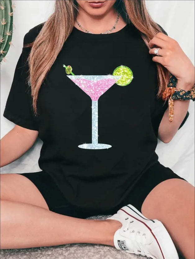 Women's Casual Short Sleeve Crew Neck T-Shirt With Cocktail Shining Print,Machine Washable