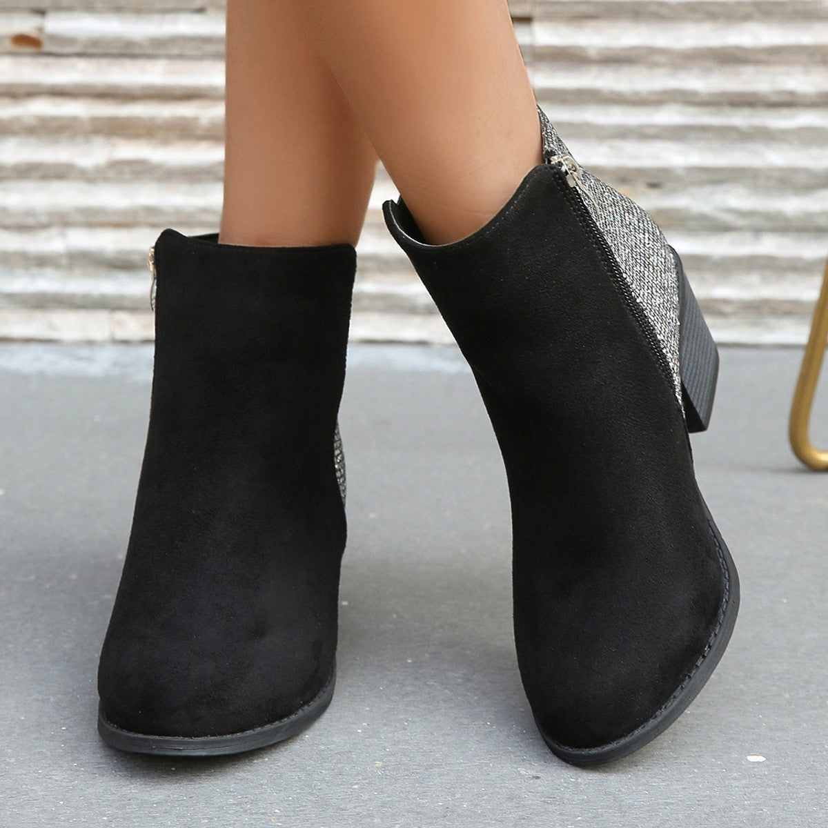 Color-blocking Sequin Chunky Heel Plus Size Side Zip Short Boots Women