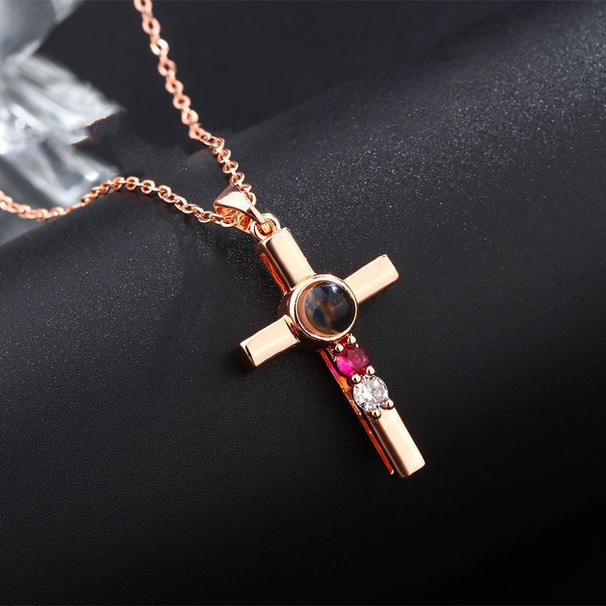 Colorful Diamond Cross Projection In Languages, I Love You Necklace