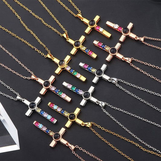 Colorful Diamond Cross Projection In Languages, I Love You Necklace