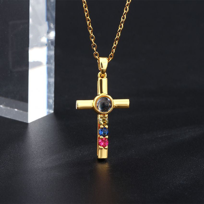 Colorful Diamond Cross Projection In Languages, I Love You Necklace