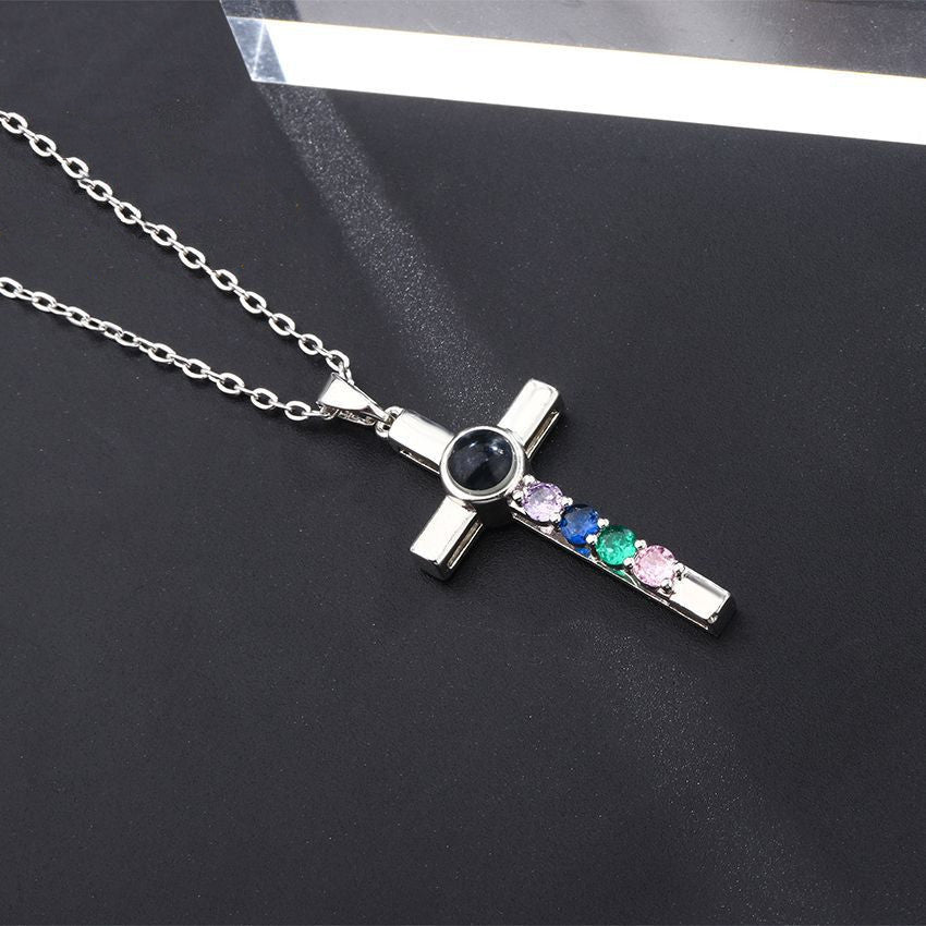 Colorful Diamond Cross Projection In Languages, I Love You Necklace